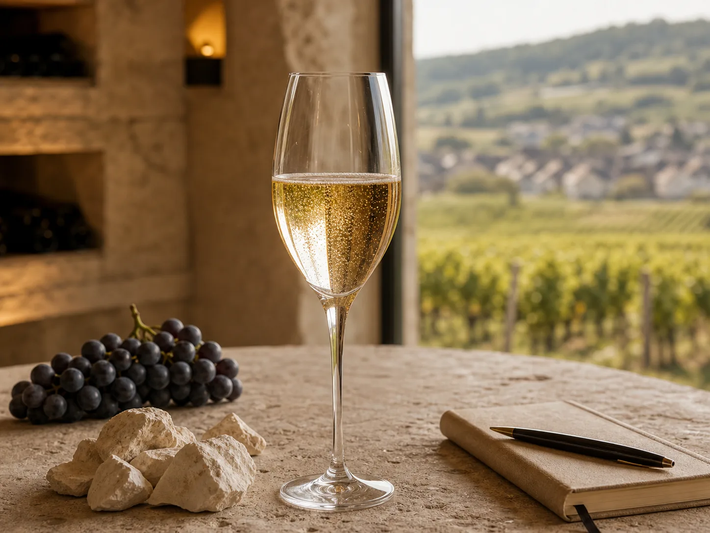 Verre de champagne avec pierres de craie et raisin de Pinot Noir
