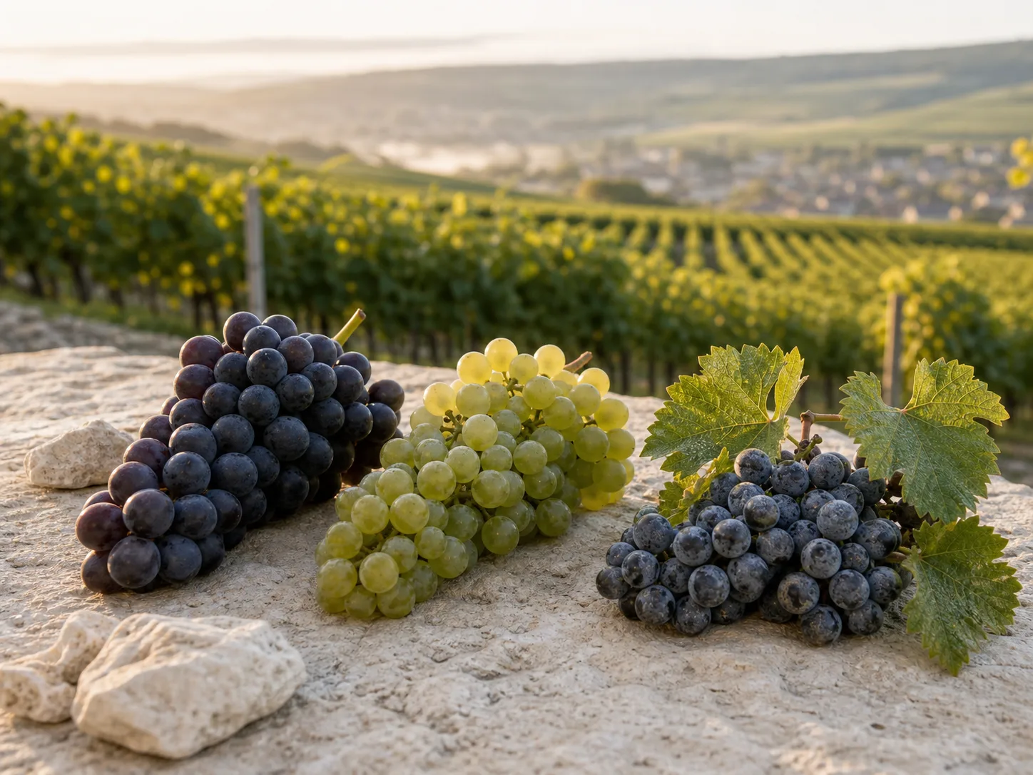Grappes de Pinot Noir, Chardonnay et Meunier posées sur une table de craie