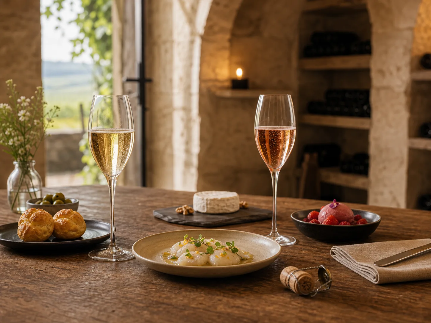 Table de dégustation avec champagne brut, champagne rosé et accords de repas