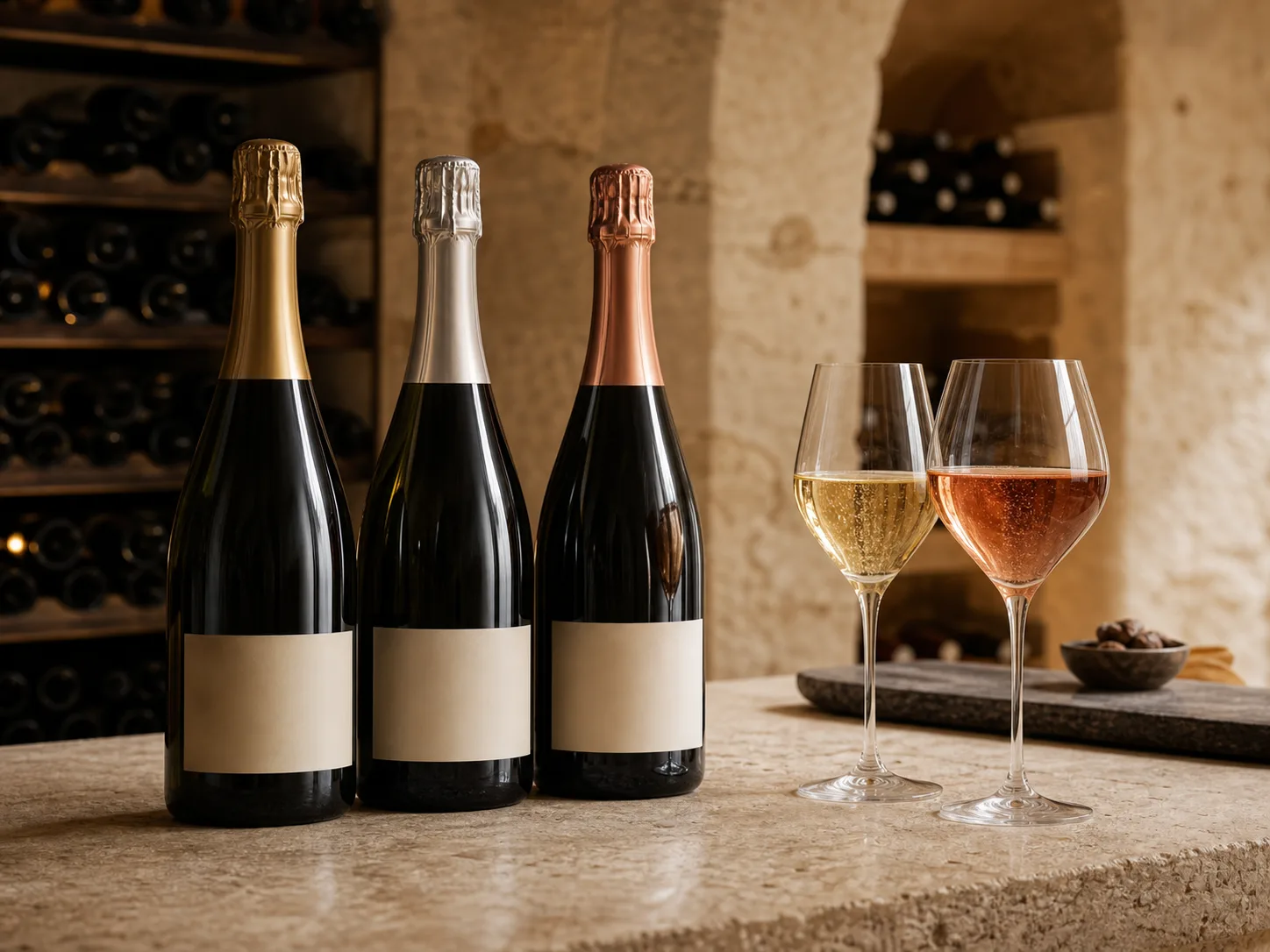 Trois bouteilles de champagne et verres de dégustation en cave