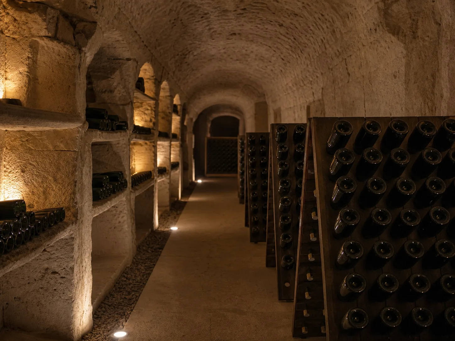 Bouteilles de champagne au repos dans une cave de craie à Aÿ