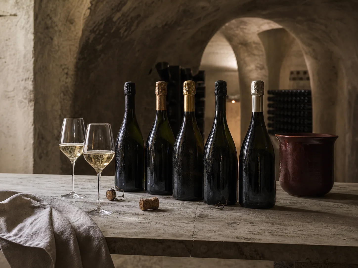 Bouteilles et flûtes de champagne sur une table de cave