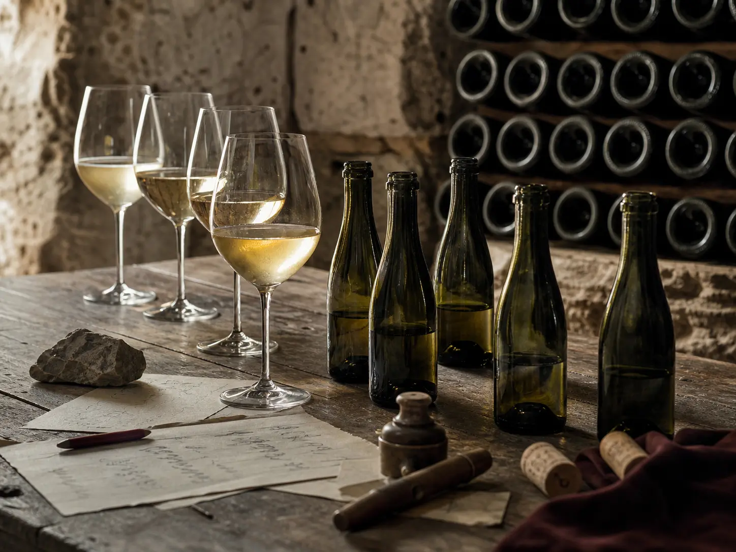 Verres de dégustation et bouteilles sans étiquette sur une table de cave