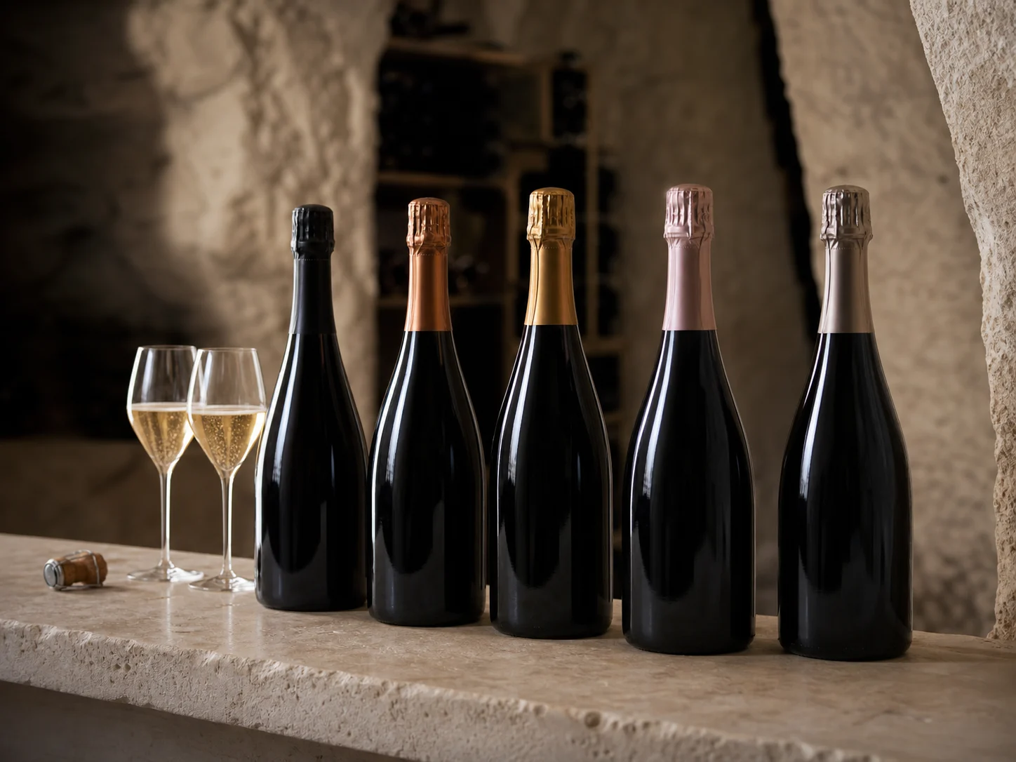 Bouteilles de champagne et flûtes dans une cave en pierre