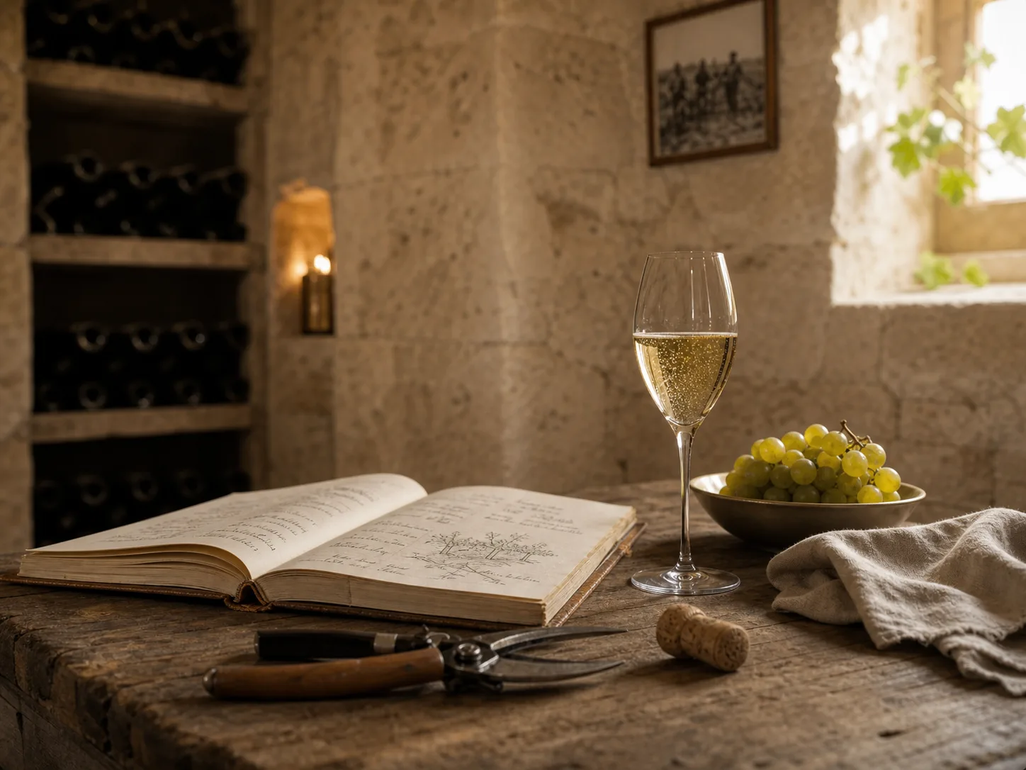 Carnet de cave, sécateur et flûte de champagne dans une cave de craie