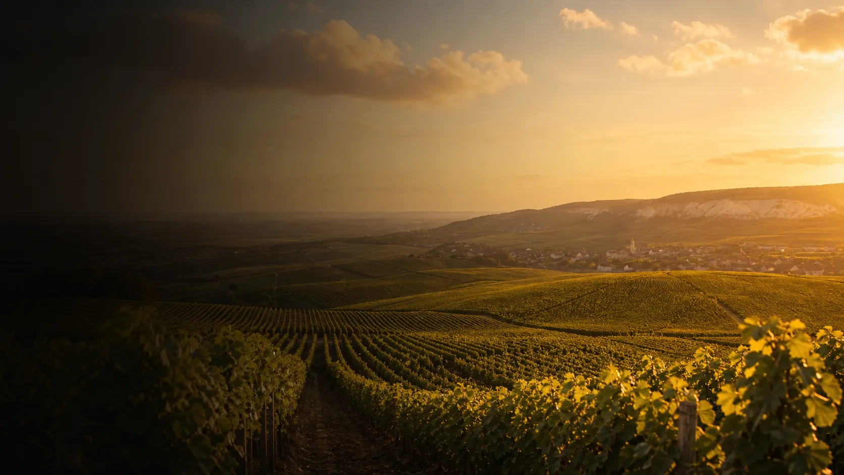 Vignoble champenois doré au coucher du soleil près d’un village de Champagne