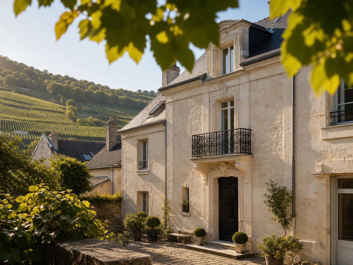 Maison champenoise en pierre dans un village viticole