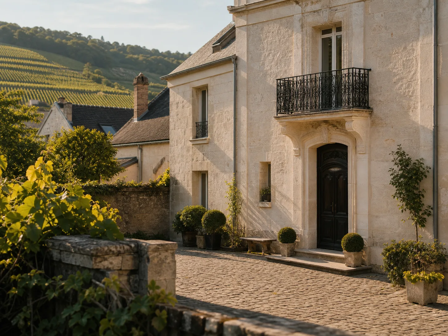 Cour pavée et façade en pierre d’une maison champenoise à Aÿ-Champagne