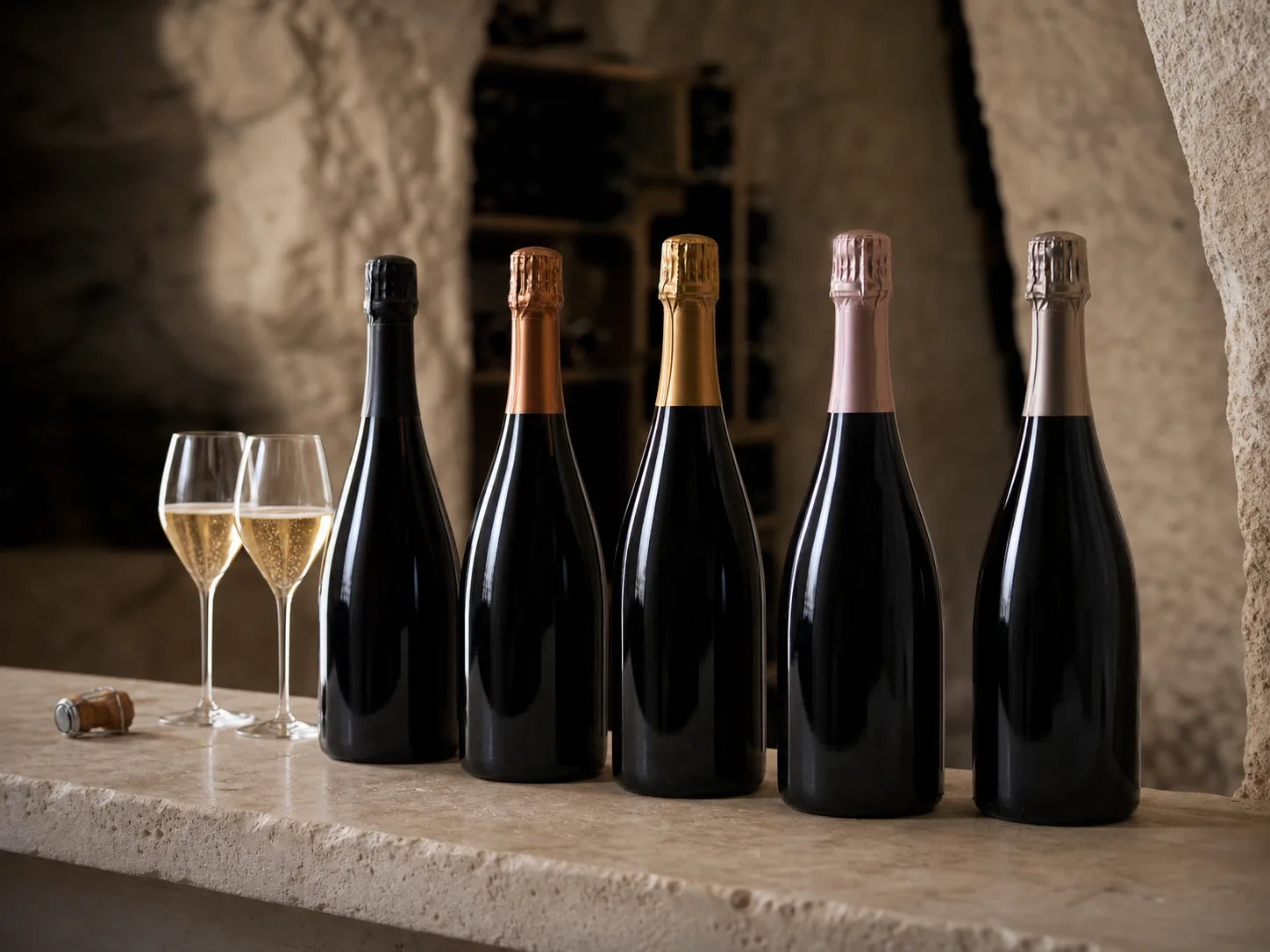 Bouteilles de champagne alignées dans une cave de craie