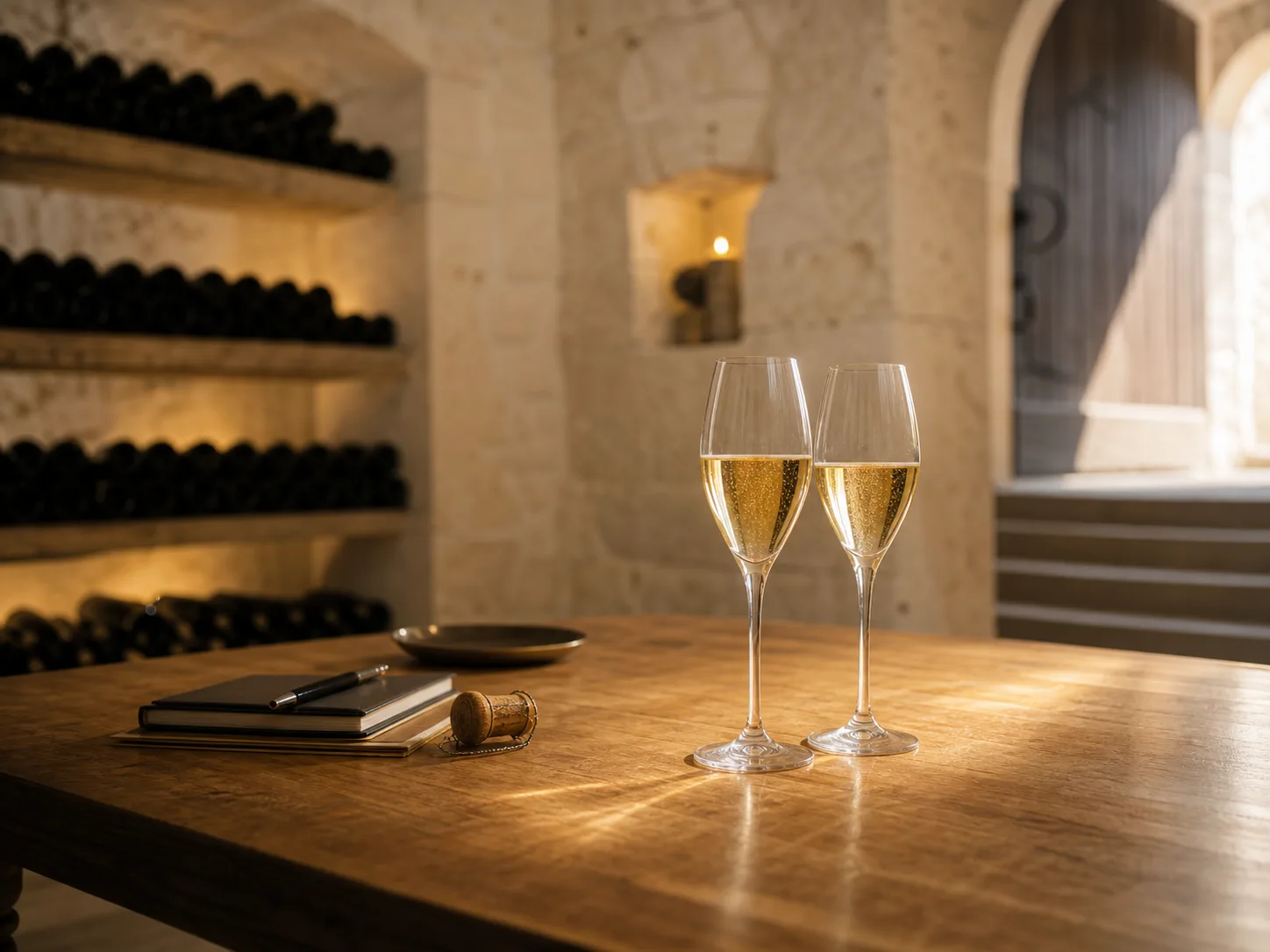 Deux flûtes de champagne posées sur une table de dégustation en cave