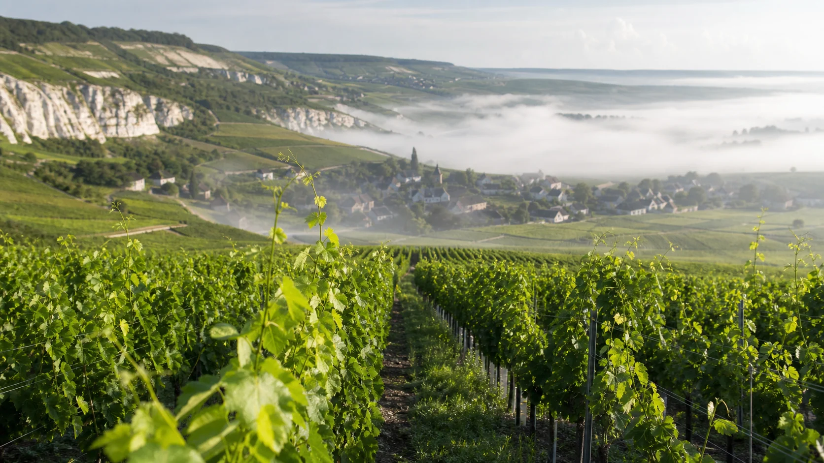 Rangs de vigne en Champagne sous une lumière dorée